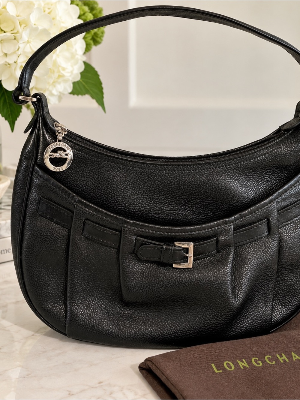 Longchamp Black Pebbled Leather Shoulder Bag with Silver Charm